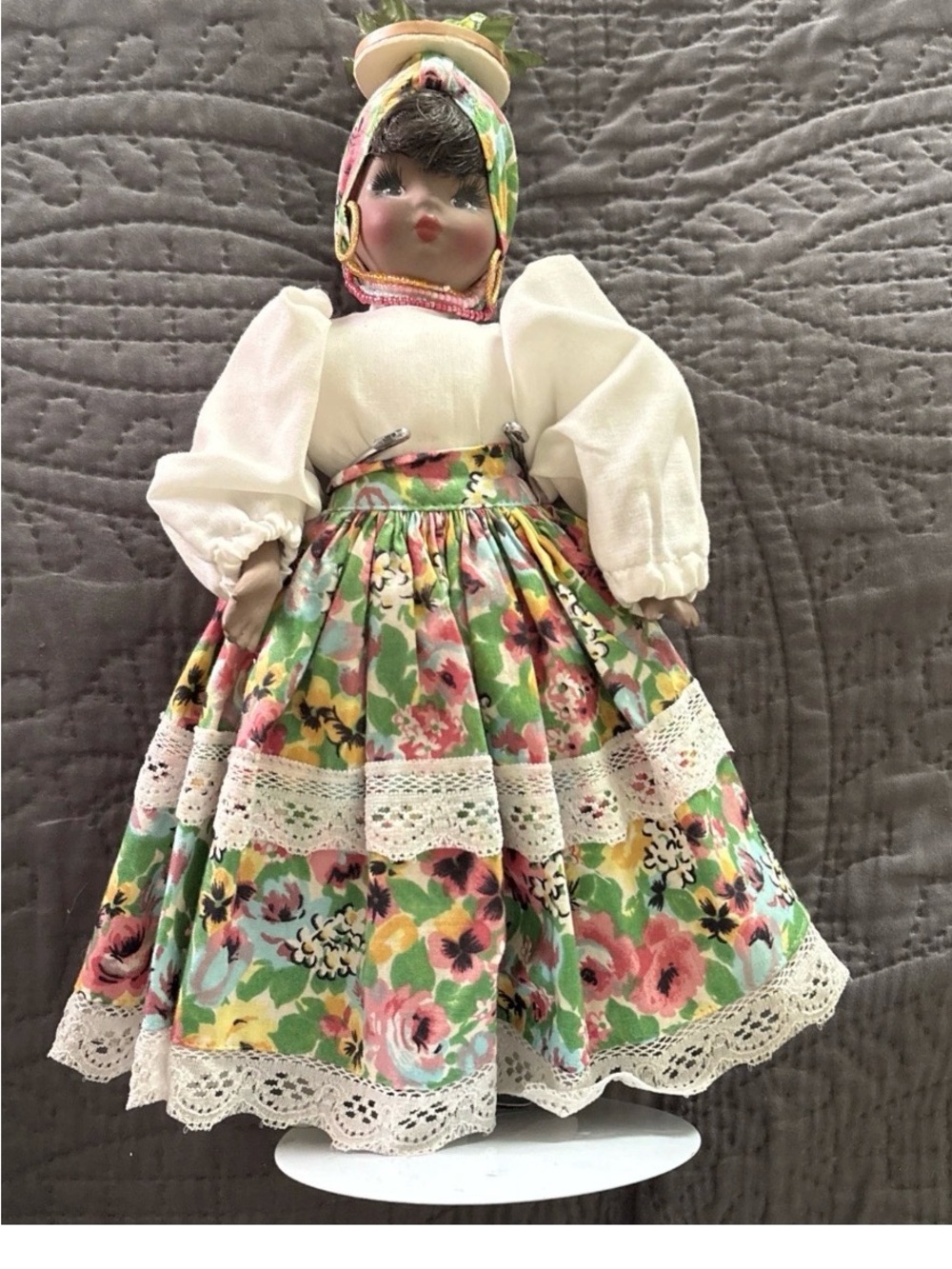 Vintage Brazilian Porcelain and Floral Cloth Doll with Lace Trim Handpainted